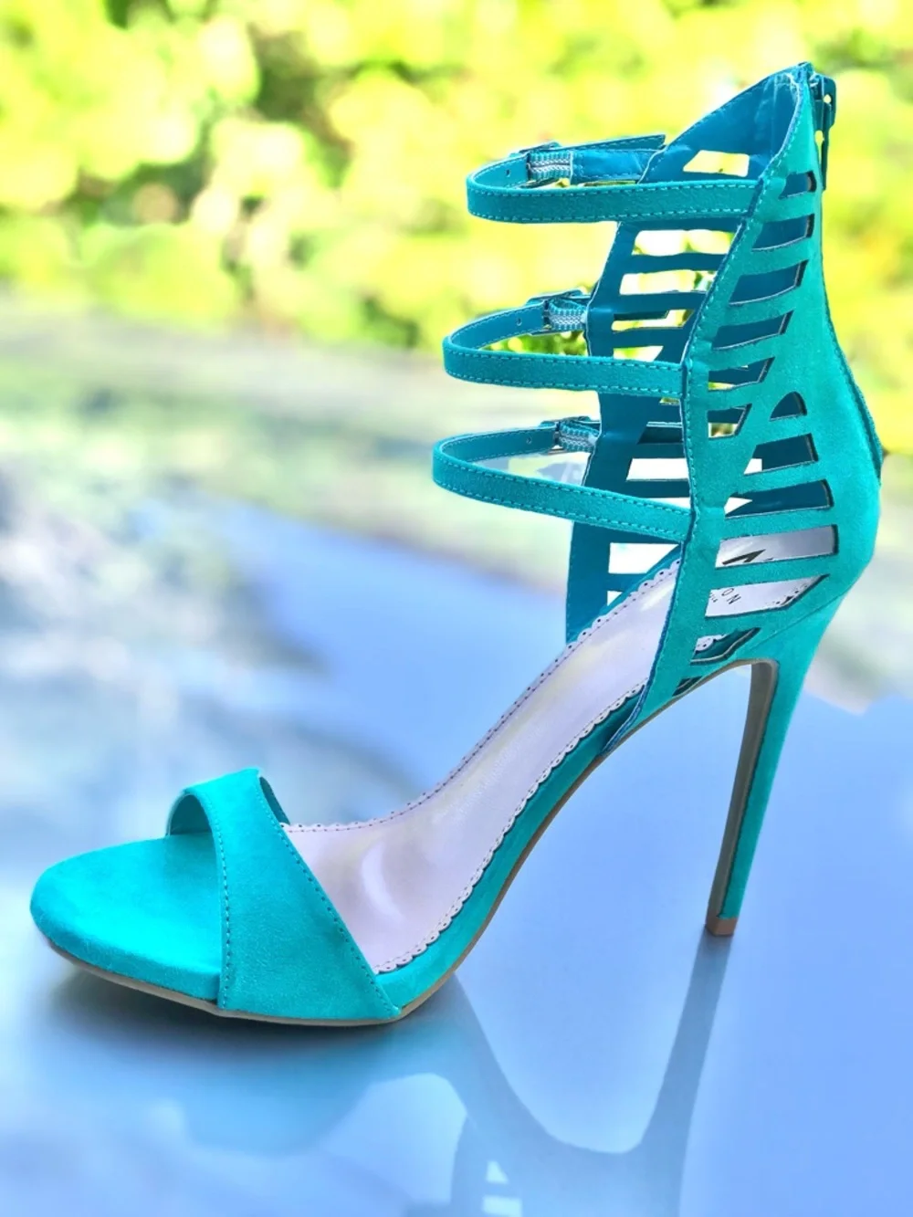 MADISON Teal Cage 3 Buckle Faux Suede Stiletto Open Toe Heels Size 9 - Picture 5 of 16